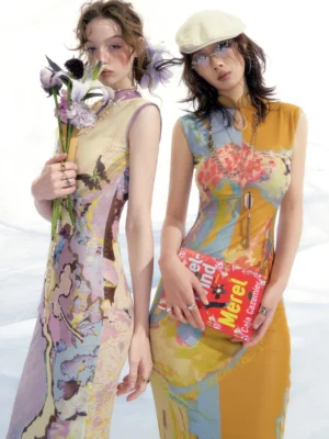 Two models wearing matching artistic watercolor print cheongsam dresses with mandarin collars fitted silhouettes and elegant accessories
