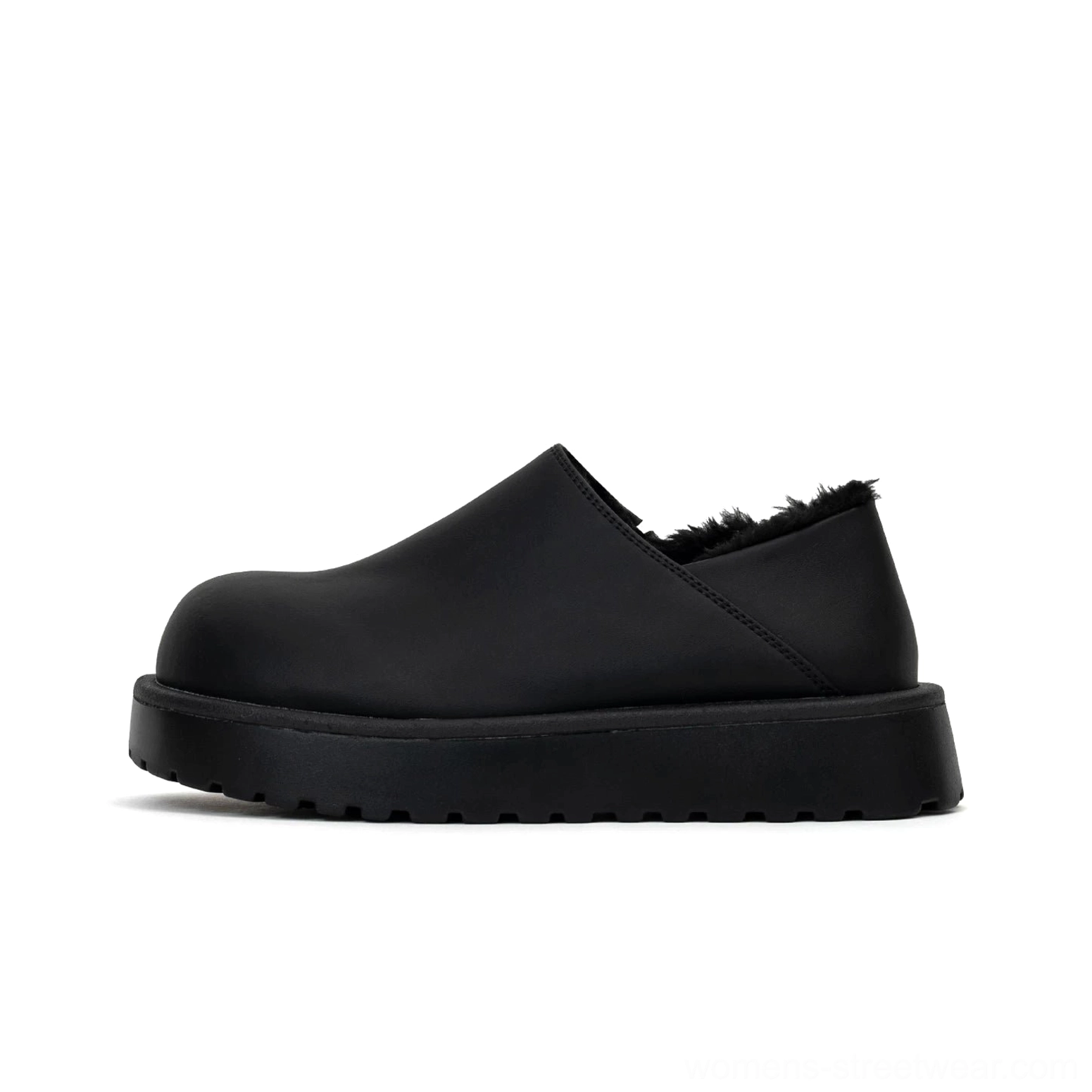 Matte black leather shearling-lined platform slip-on clog in a studio side view, featuring an all-black chunky rubber sole and minimalist winter silhouette