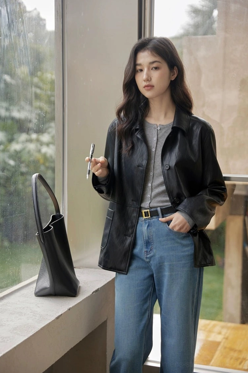 Woman styling a neat matte black short leather jacket with button closure and black leather tote