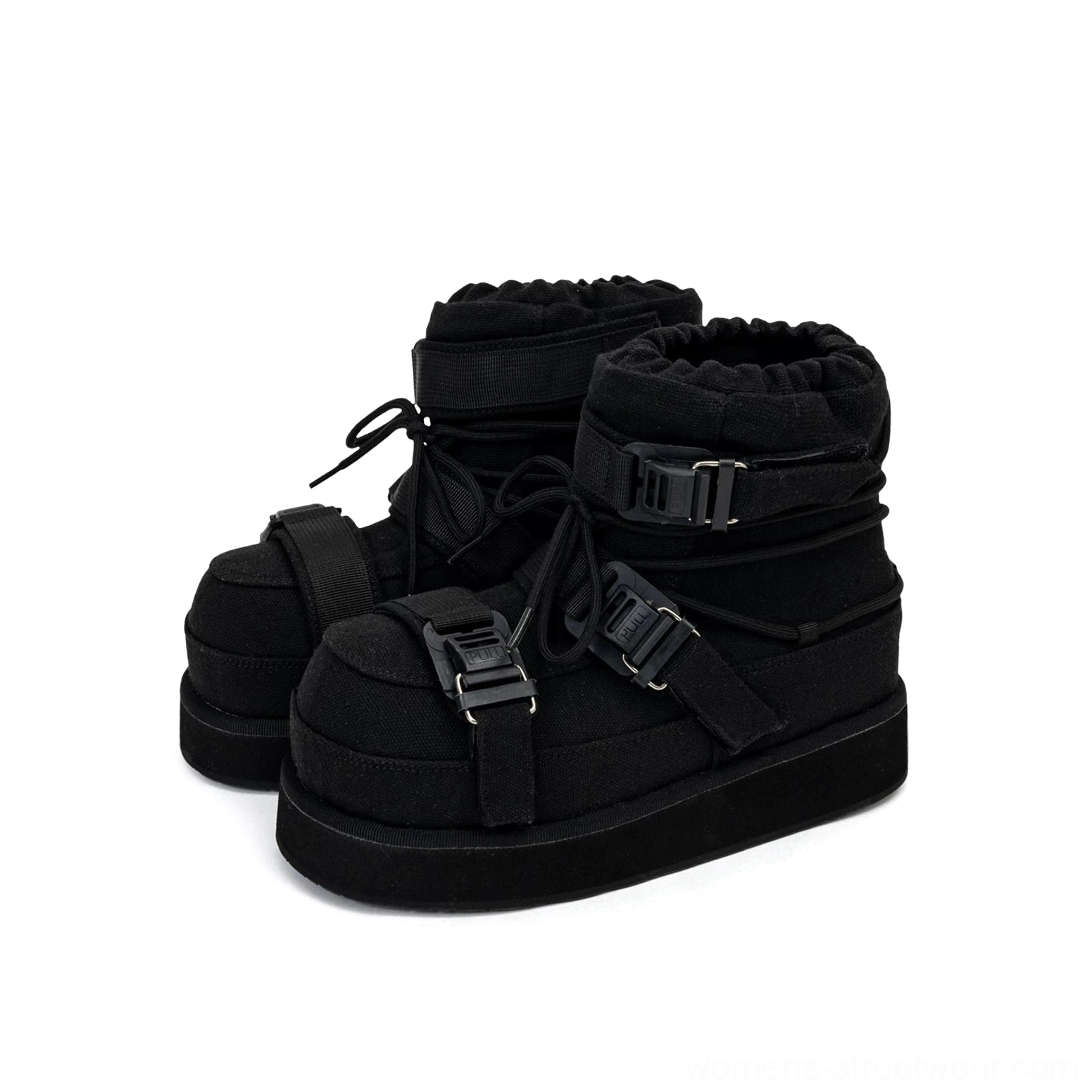 Matte black triple-buckle platform winter boots pair displayed on white background, featuring padded uppers, laces and lightweight thick soles