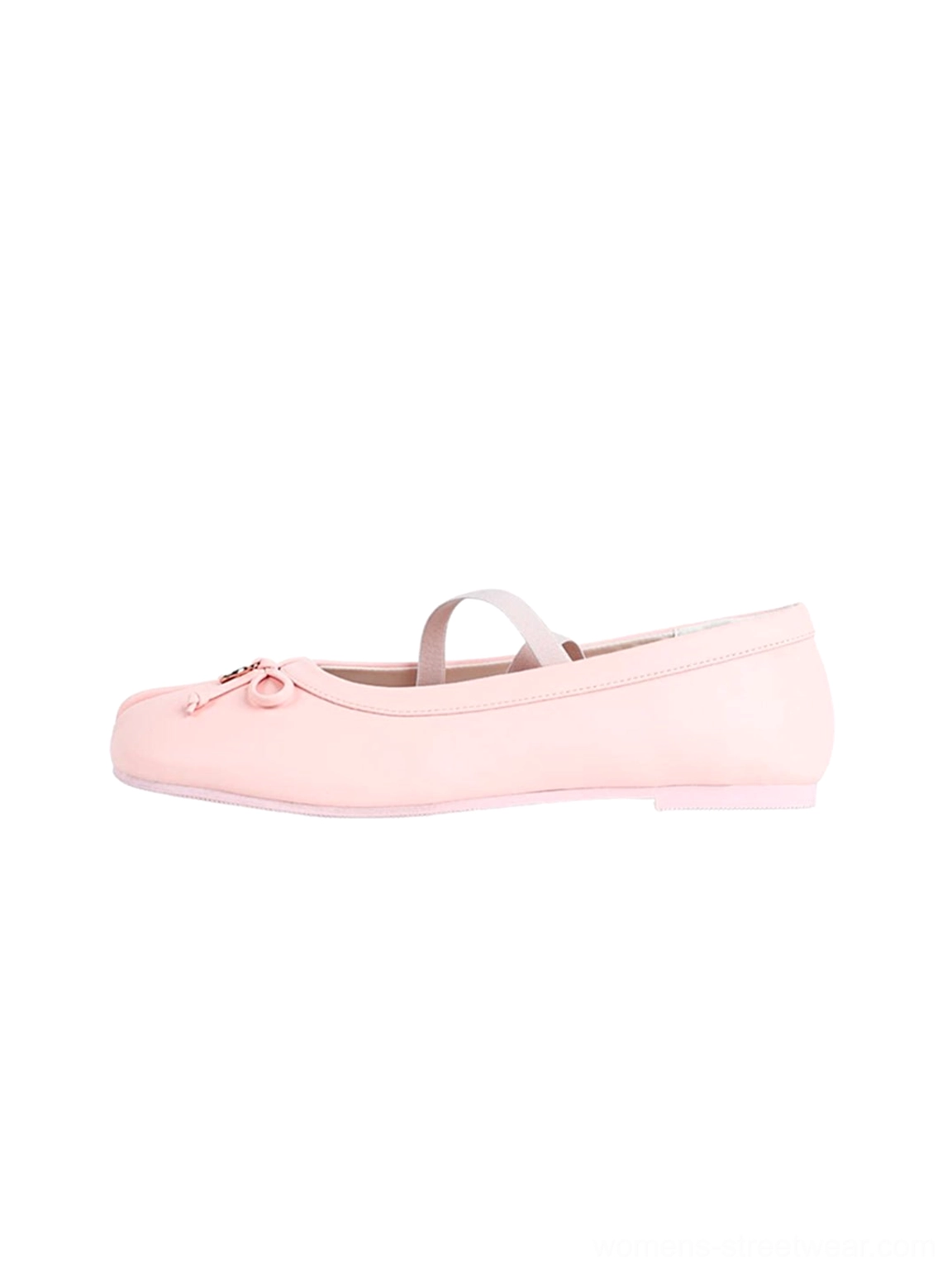 Matte pink split-toe Mary Jane ballet flats with slim pink strap and petite bow on white background