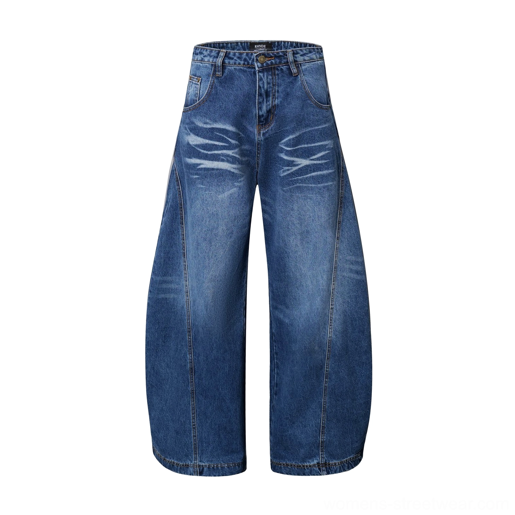 Flat lay view of medium blue washed ultra-wide flare jeans with tiger stripe fading, oversized leg shape, waistband, and classic pockets