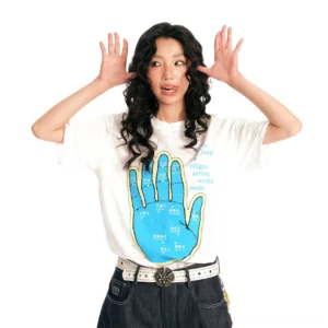 Female model wearing white meridian hand acupuncture map slub cotton streetwear tee with blue palm graphic front view