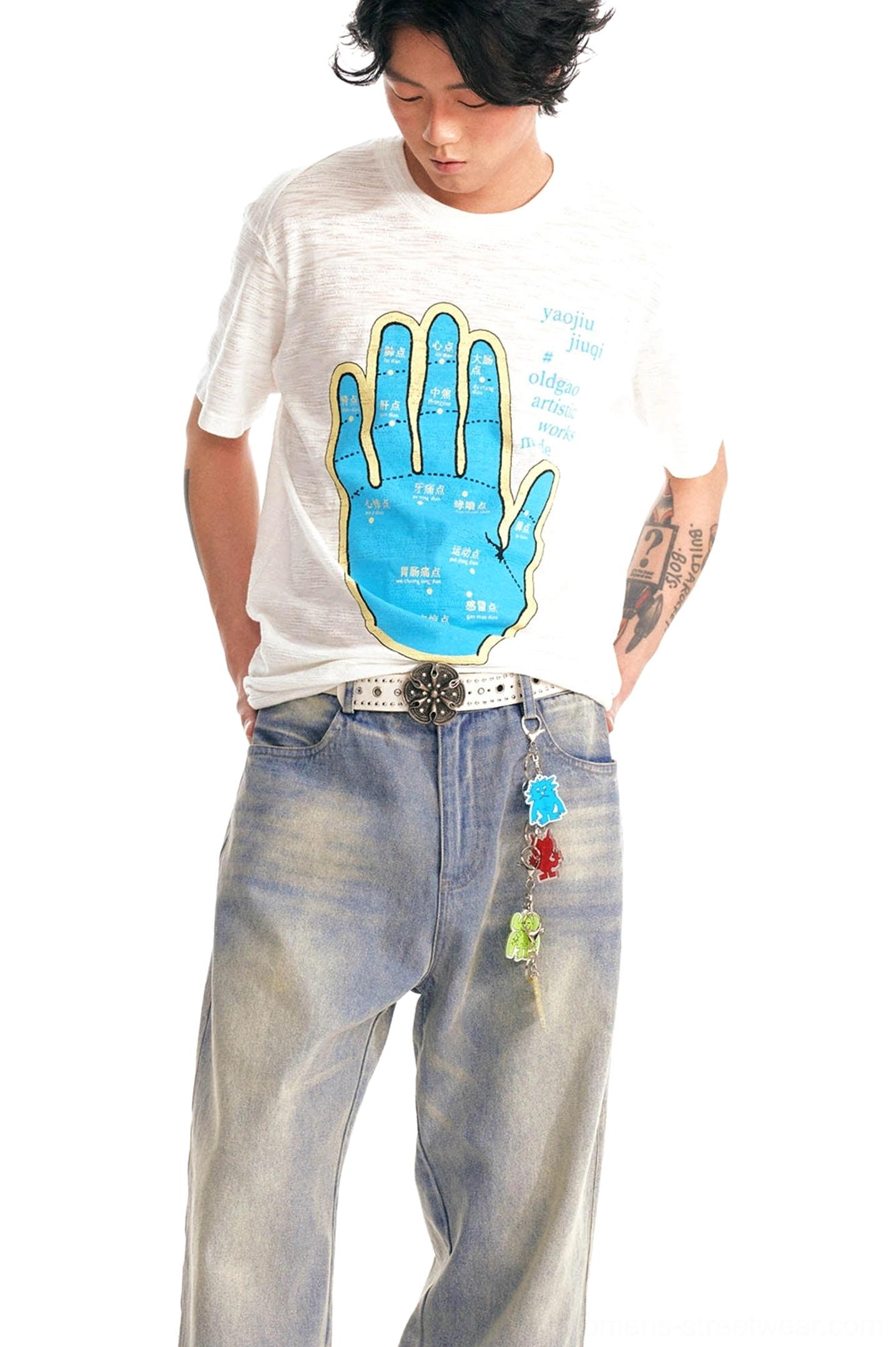 Back and side view of relaxed white slub cotton meridian hand graphic streetwear t-shirt on male model