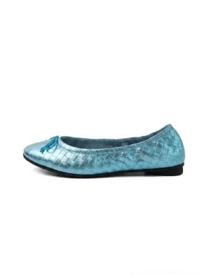 Metallic blue quilted ballet flat with delicate bow detail and black rubber outsole shown from a frontal flat lay view