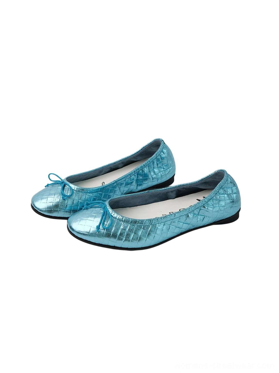 Pair of metallic blue quilted ballet flats with bow ornaments and branded insoles displayed in a flat lay