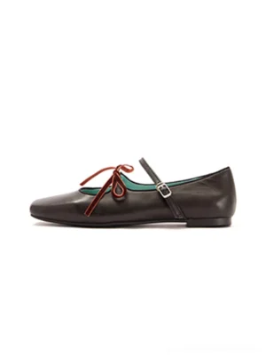 Black square-toe double-strap ballet flats with red bow detail, ankle buckle strap, and teal inner lining
