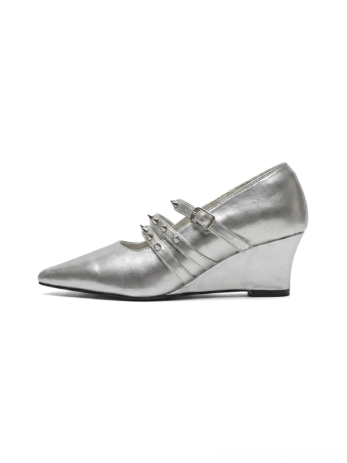 Silver and black double strap pointed toe wedge pumps with adjustable buckle closures and sleek low wedge heels