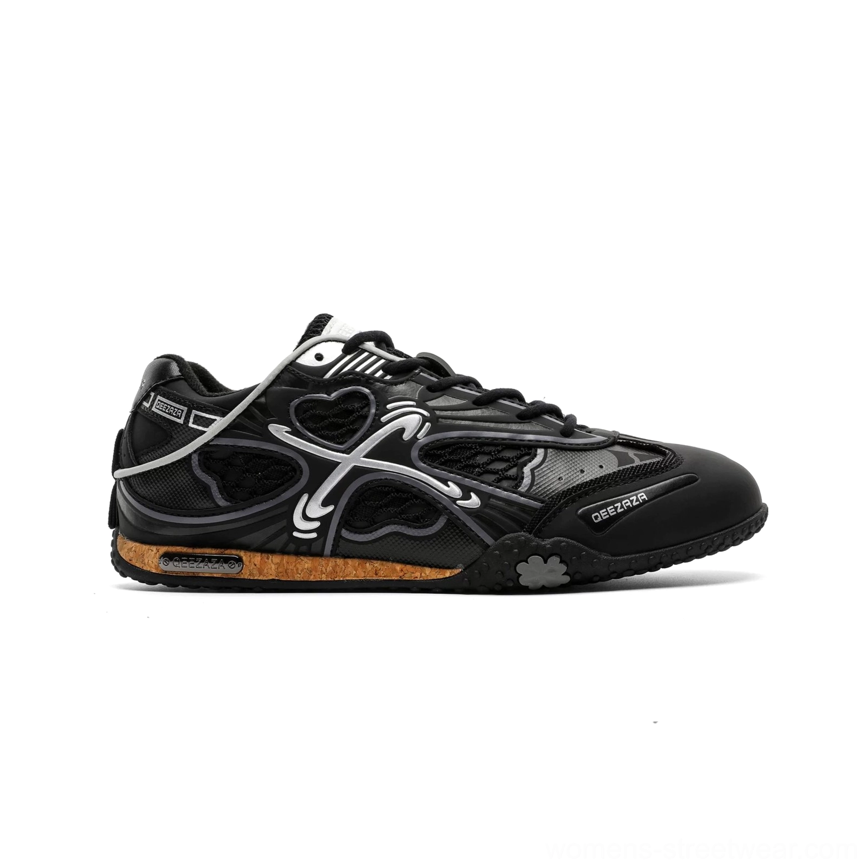 Black and silver heart-detail retro racing sneakers in side profile with metallic mesh upper low-top silhouette and wood-grain style midsole edge