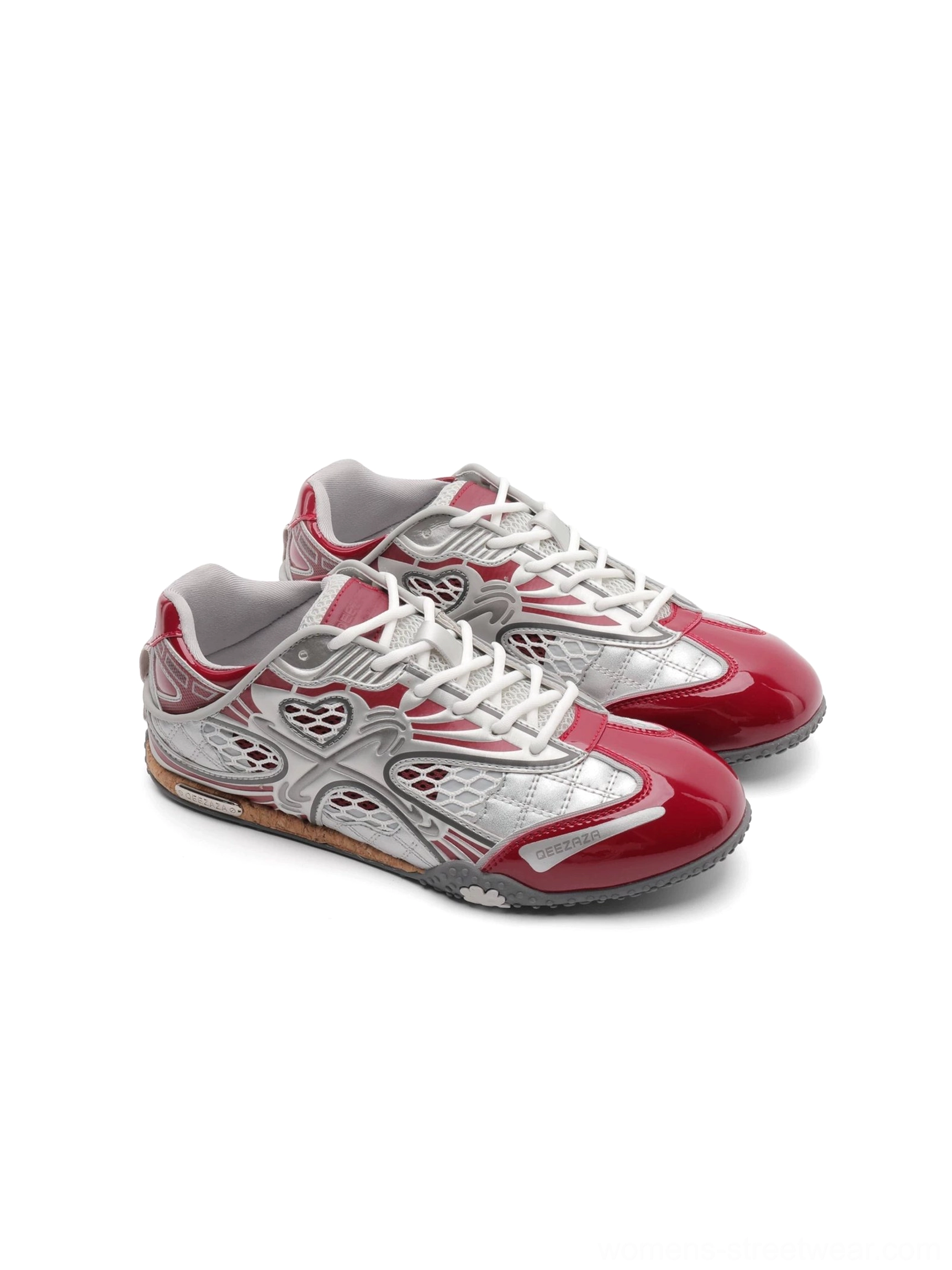 Red and silver metallic heart mesh Y2K retro racing sneakers shown in a front top flat lay view with glossy red toe caps and lace-up closure