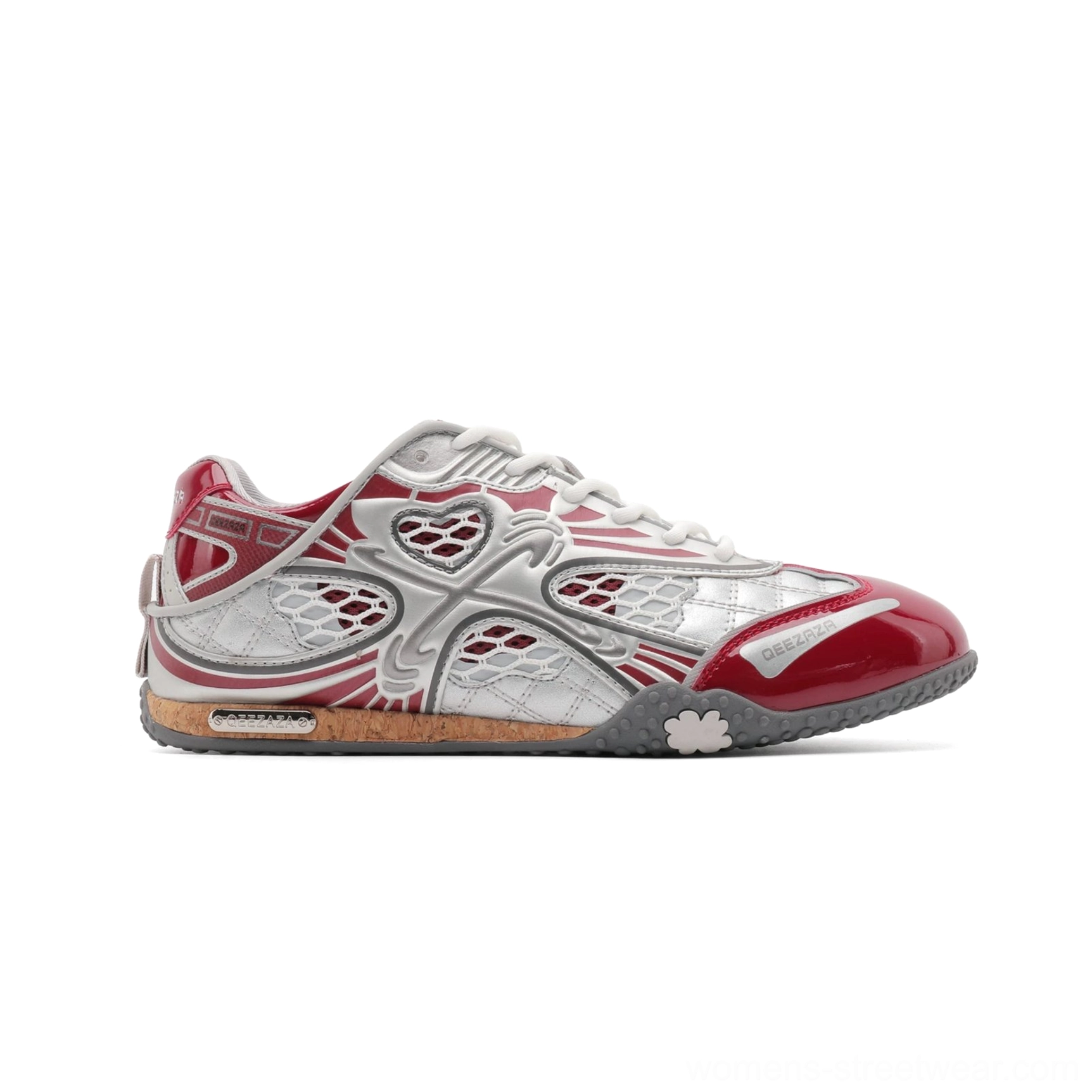 Side profile of red silver metallic heart mesh retro racing sneakers with glossy red toe cap heart-cross side detail and textured EVA sole