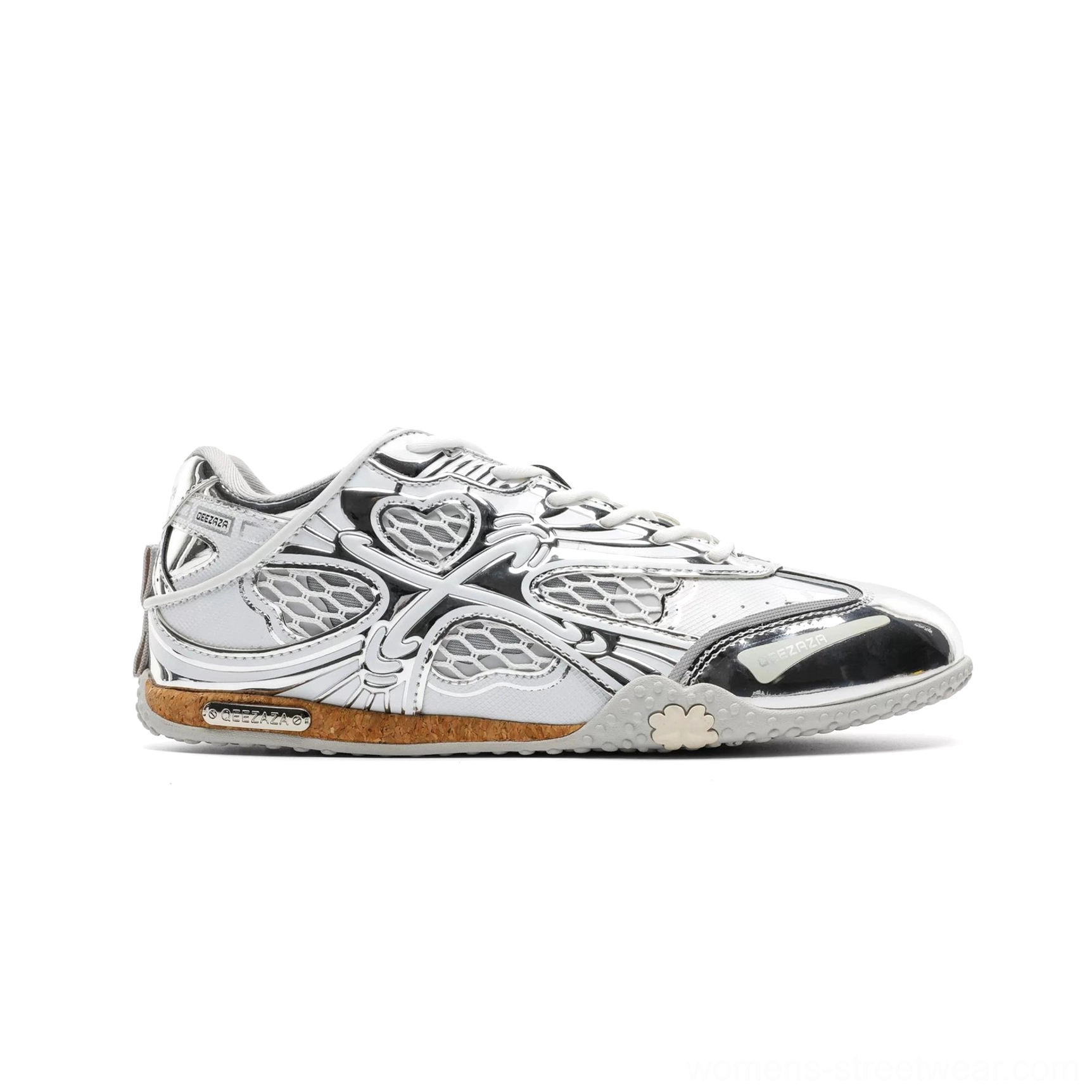 White and silver metallic heart mesh Y2K retro racing sneakers in side profile with black glossy toe cap and low-top EVA sole