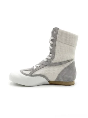 Metallic mesh high-top boxing boots in white and grey with lace-up closure, rounded rubber toe cap, and flexible flat sole side view