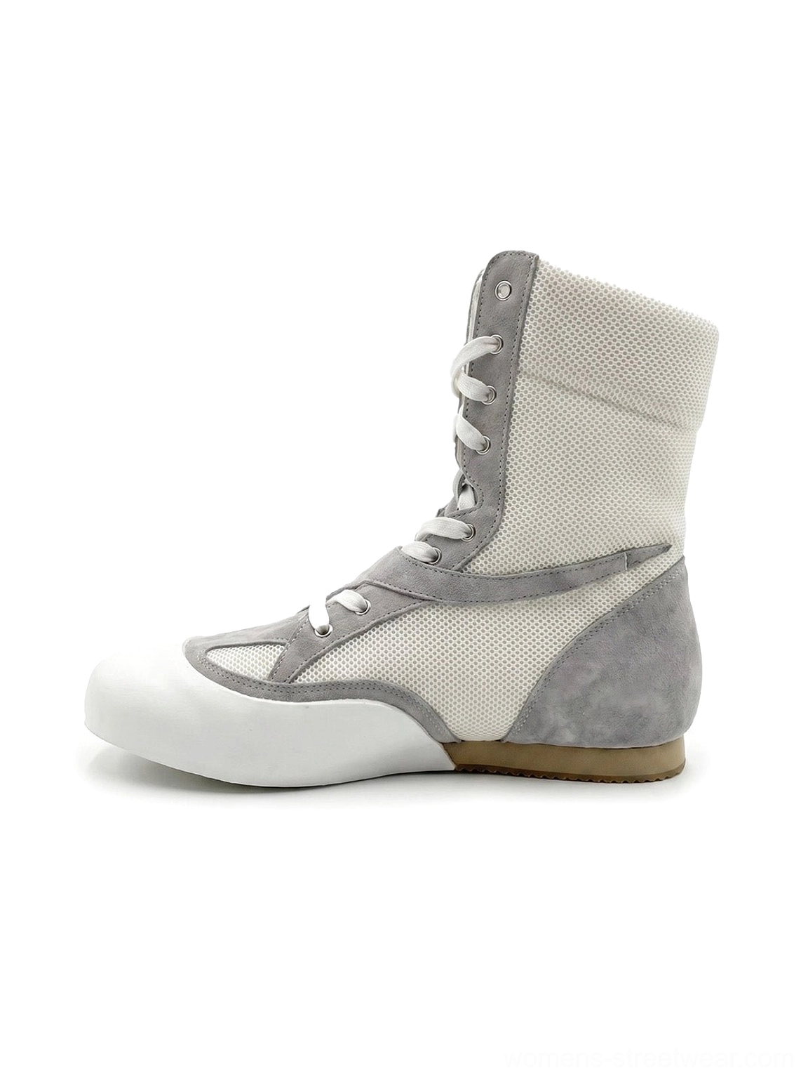 Metallic mesh high-top boxing boots in white and grey with lace-up closure, rounded rubber toe cap, and flexible flat sole side view