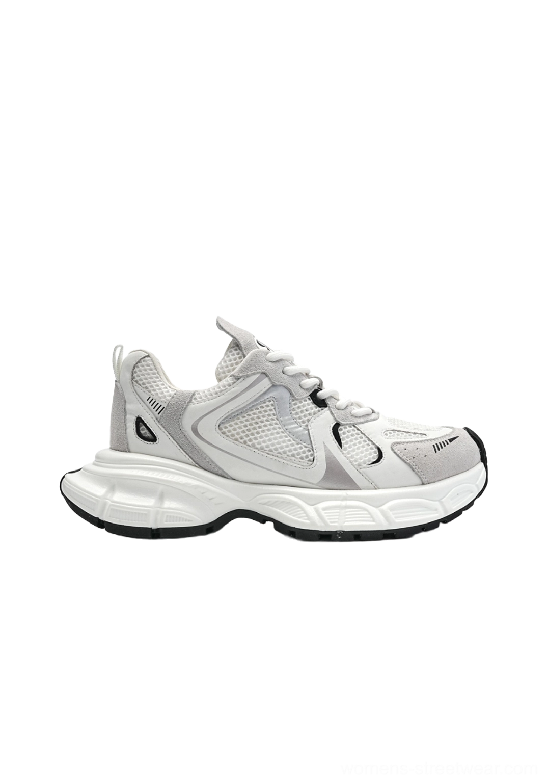 Light grey and white metallic mesh retro runner sneaker rear three-quarter view with sculpted chunky outsole
