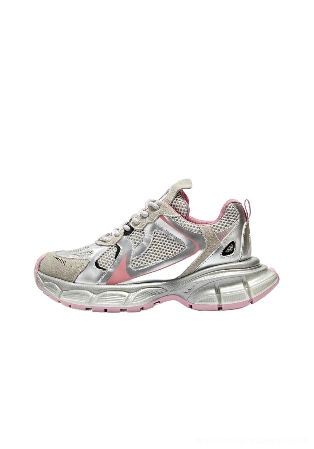 Pink metallic mesh retro runner sneakers with sculpted chunky sole colorway product view