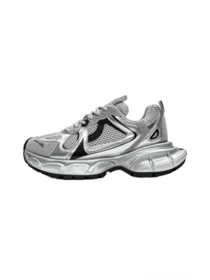 Silver and black metallic mesh retro runner sneaker with suede-look toe cap and sculpted chunky sole front side view