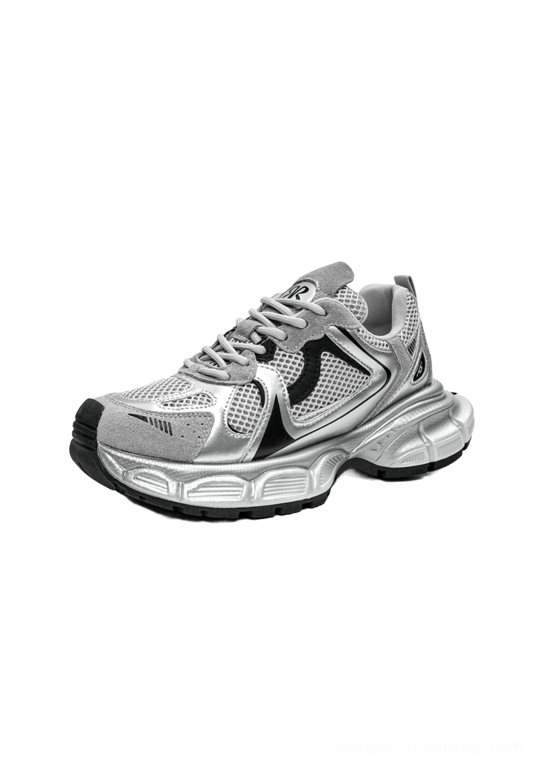 Silver black metallic mesh dad sneakers with breathable panels and chunky rubber runner sole front three-quarter view