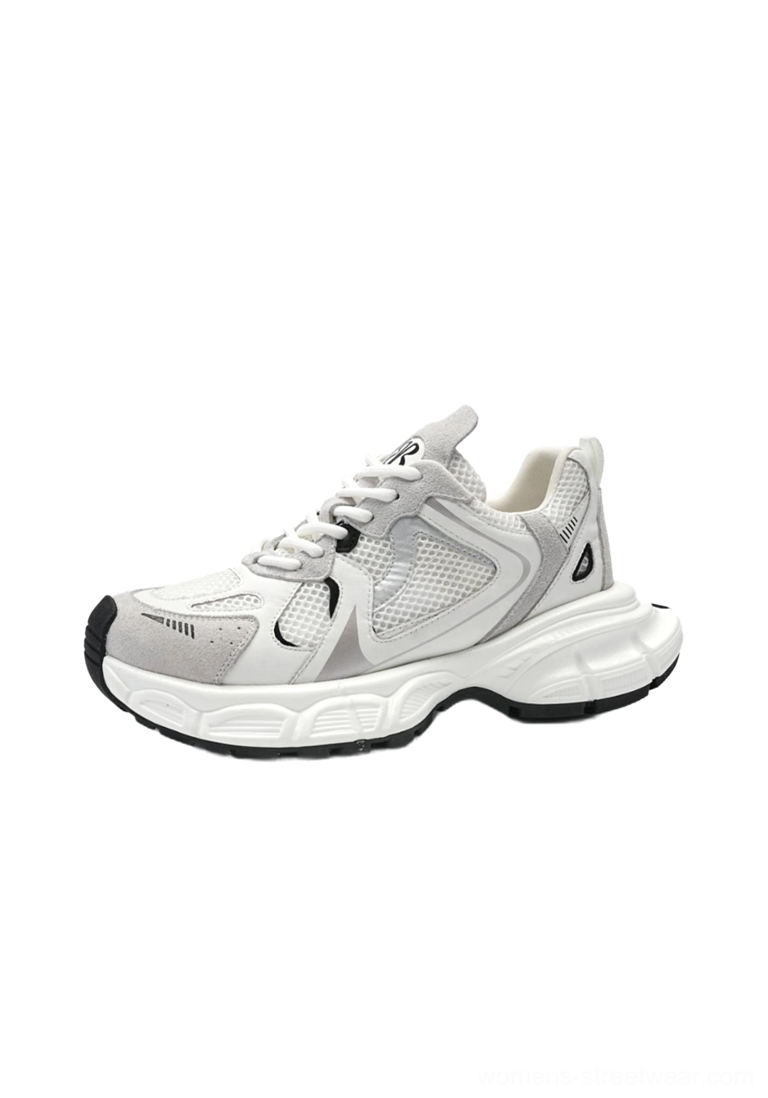 White light grey metallic mesh retro runner sneaker with subtle black accents and clean low-top silhouette