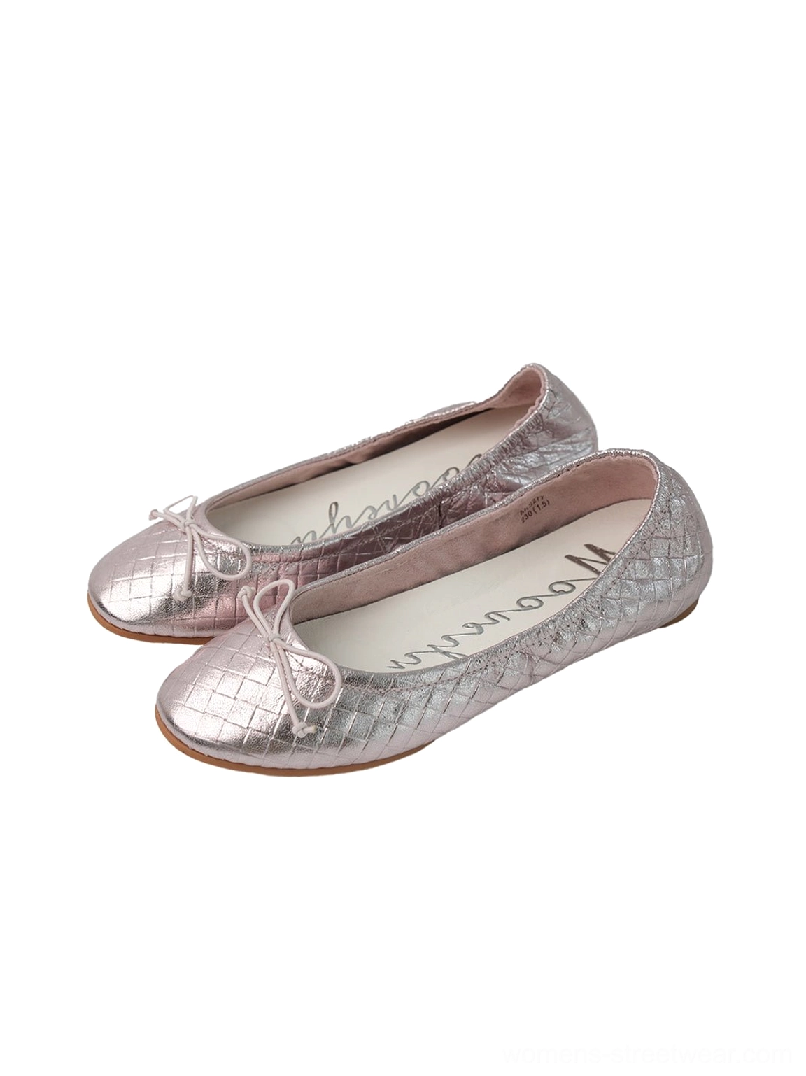 Metallic pink silver quilted ballet flats with delicate bow details and textured upper shown from above
