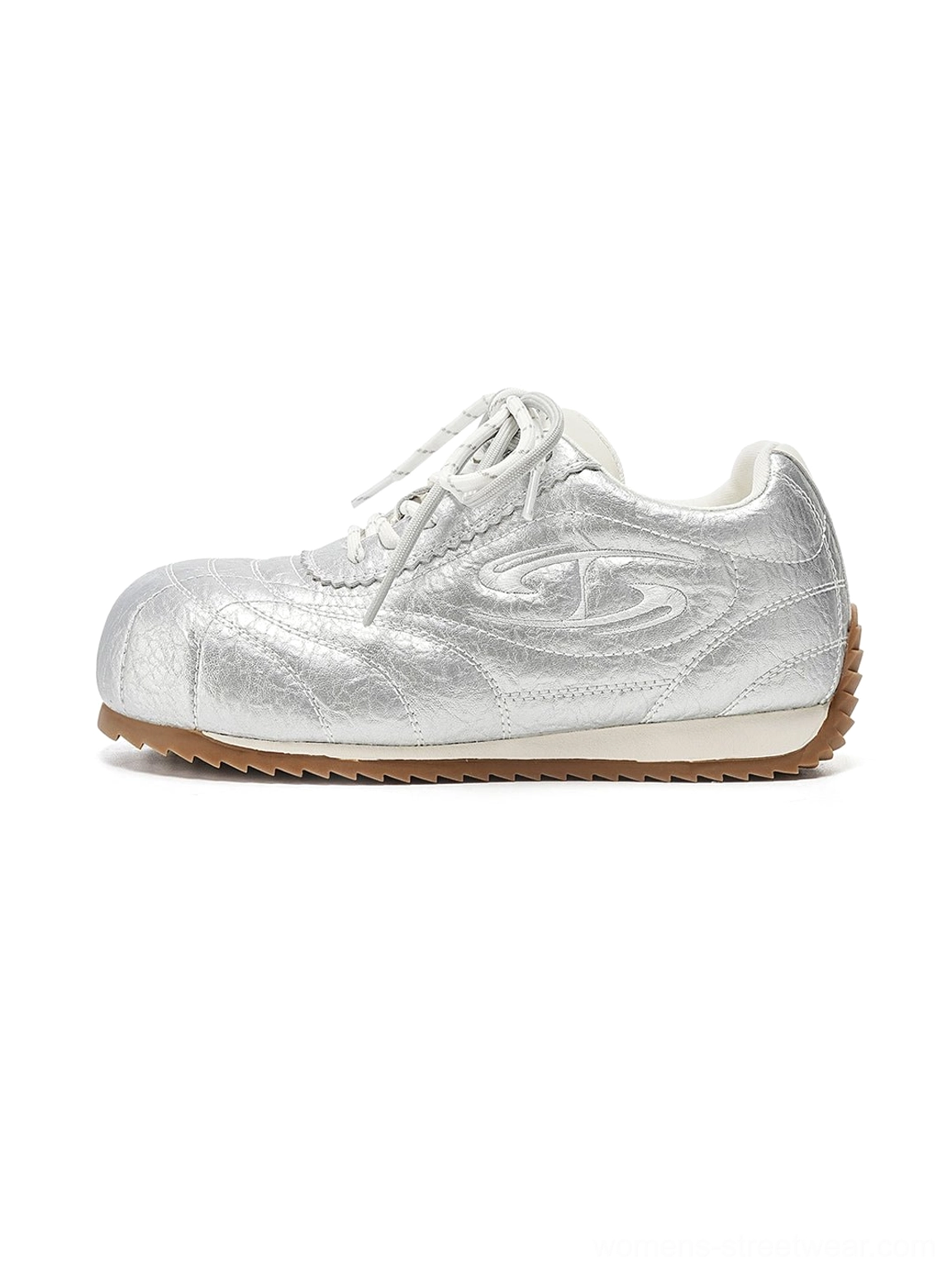 Metallic silver double-lace low-profile retro trainers with cracked-effect upper and slim gum rubber outsole