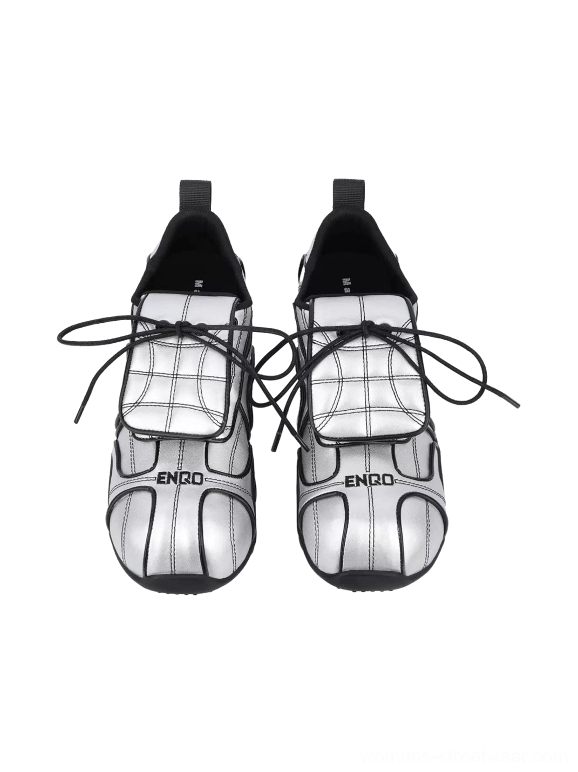 Top-down front view of metallic silver foldover-tongue sneakers with quilted panels, black laces, and contrasting rubber outsole