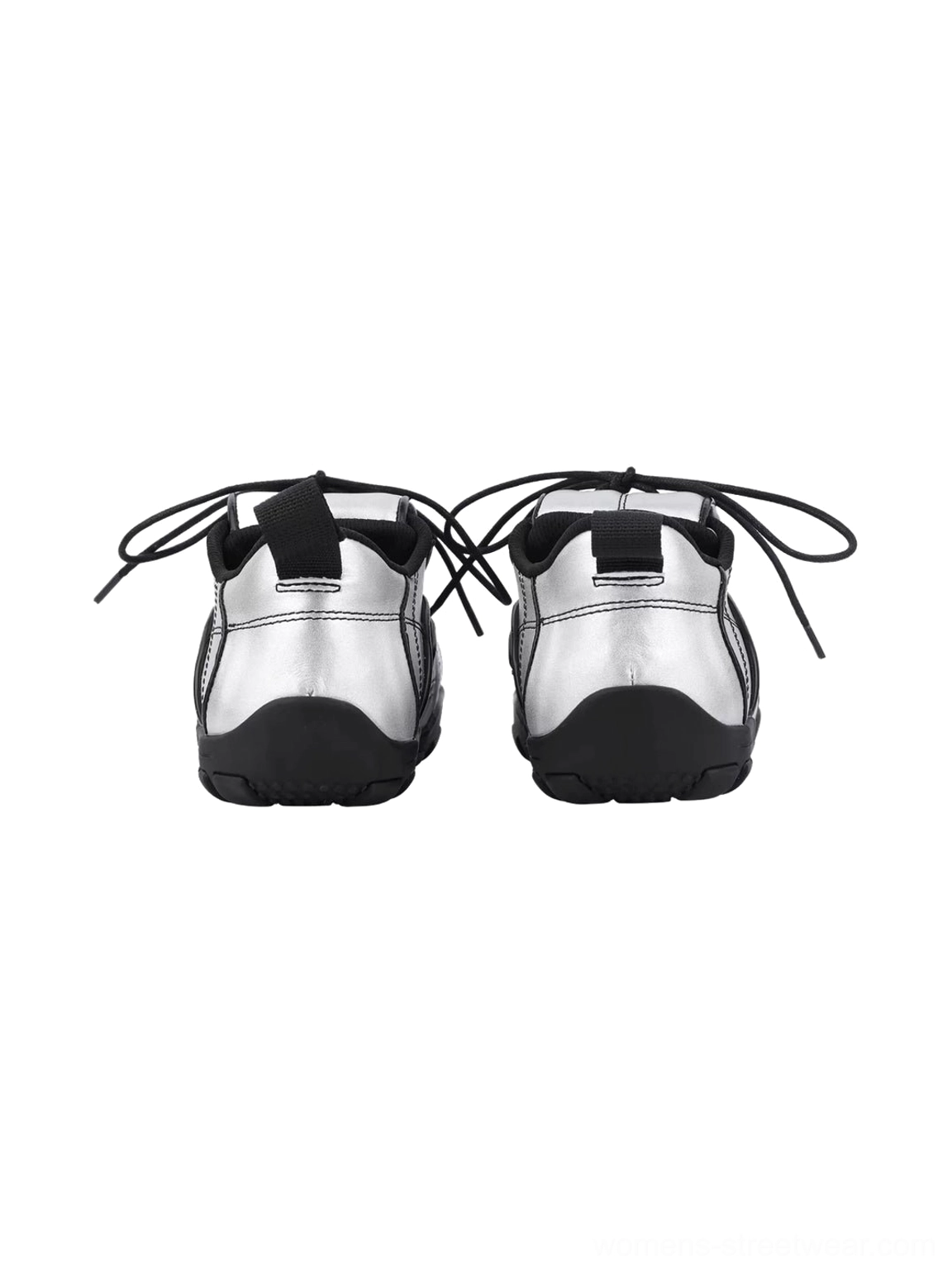 Rear view of paired metallic silver low-top sneakers showing black heel pull tabs, streamlined heel panels, and rubber soles