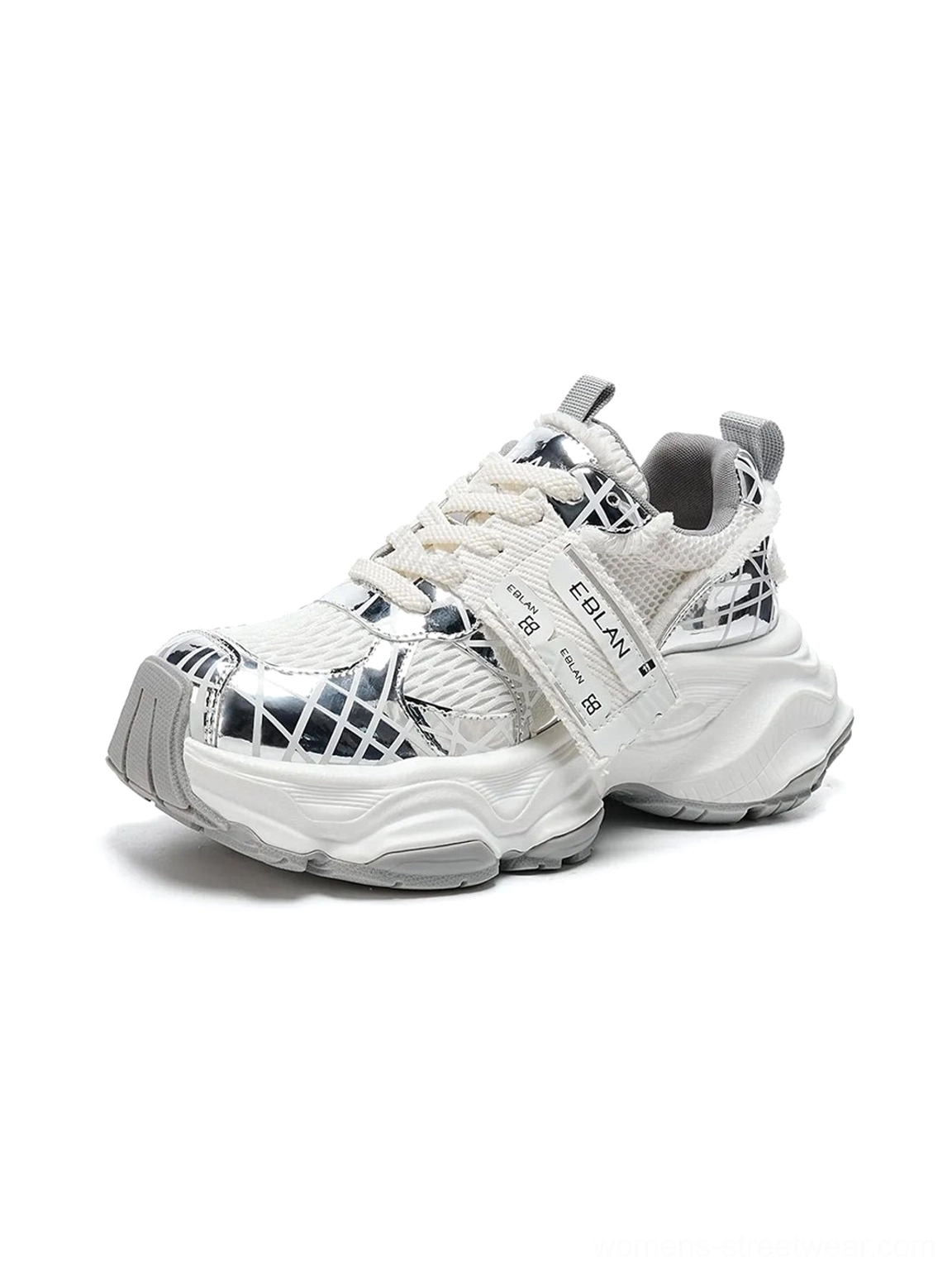 Metallic silver mesh chunky dad sneaker with lace-up system, padded heel, pull tab, adjustable strap, reflective details, and thick sculpted outsole