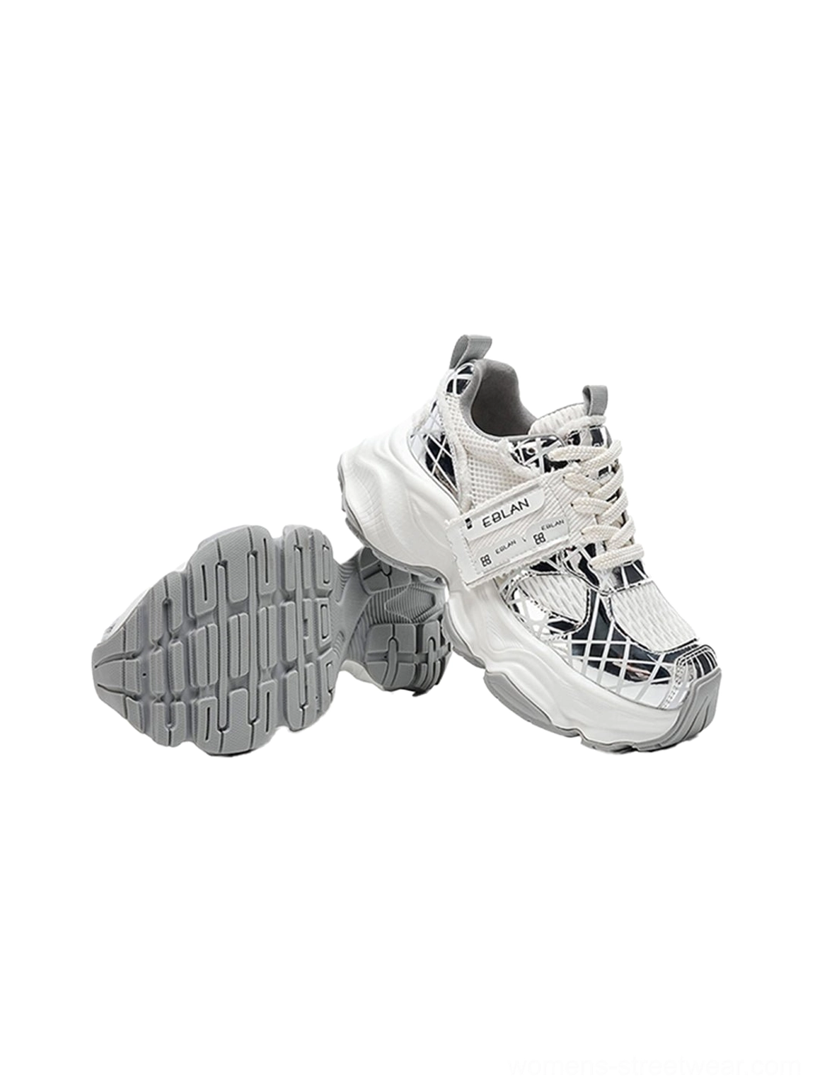 Metallic silver mesh tech runner sneaker shown from above with textured anti-slip outsole, reflective grid upper, breathable panels, and adjustable streetwear strap