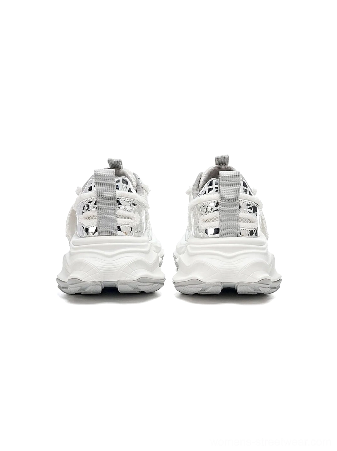 Rear view of matching metallic silver mesh tech runner sneakers with symmetrical heel pull tabs, substantial chunky outsoles, and silver heel accents