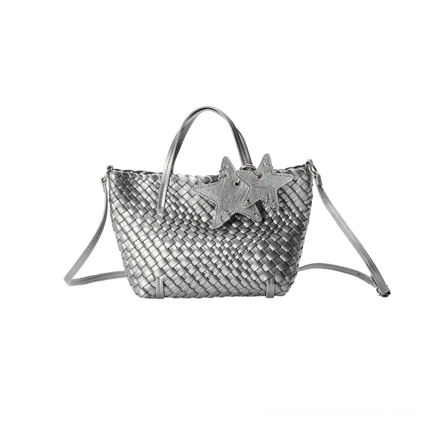 Metallic silver mini woven star charm shoulder bag front view with dual carry handles and strap