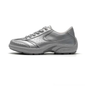 Metallic silver retro court sneakers with perforated leather panels breathable detailing and classic low top streetwear silhouette