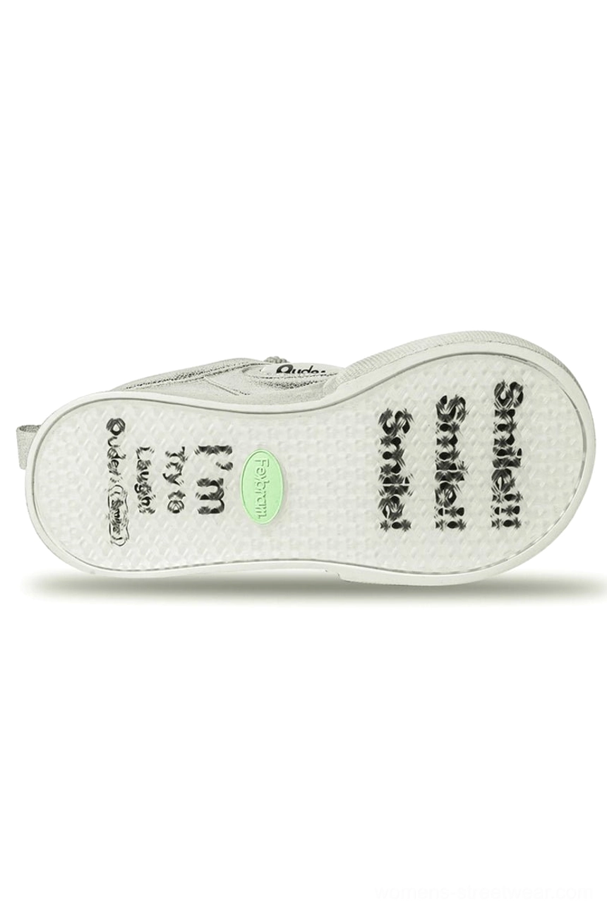 Top view of removable insole from metallic silver platform sneakers with printed slogan, textured surface, and sneaker construction details