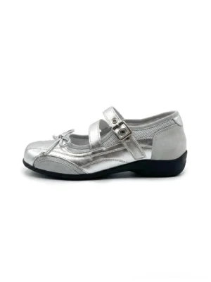 Metallic silver bow Mary Jane flats for women with adjustable buckle strap and low platform rubber sole
