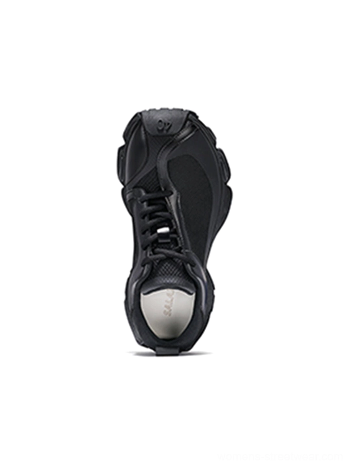 Metallic silver split-toe technical runner sneaker with bold futuristic proportions and sculpted black and white sole