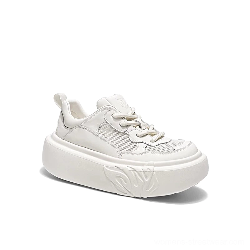 Platform streetwear sneakers with metallic silver, white, and black color styling, breathable mesh panels, chunky flame embossed outsole, and lace-up construction