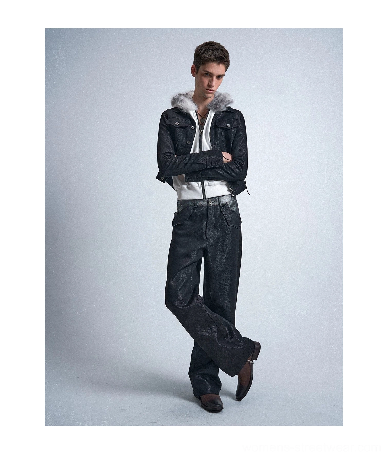 Black metallic silver yarn straight jeans styled with a cropped fur collar jacket in a dark streetwear look