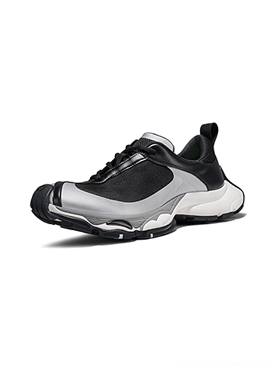 Metallic split-toe technical runner sneaker with layered construction, padded collar, pull-tab tongue, and technical fashion details