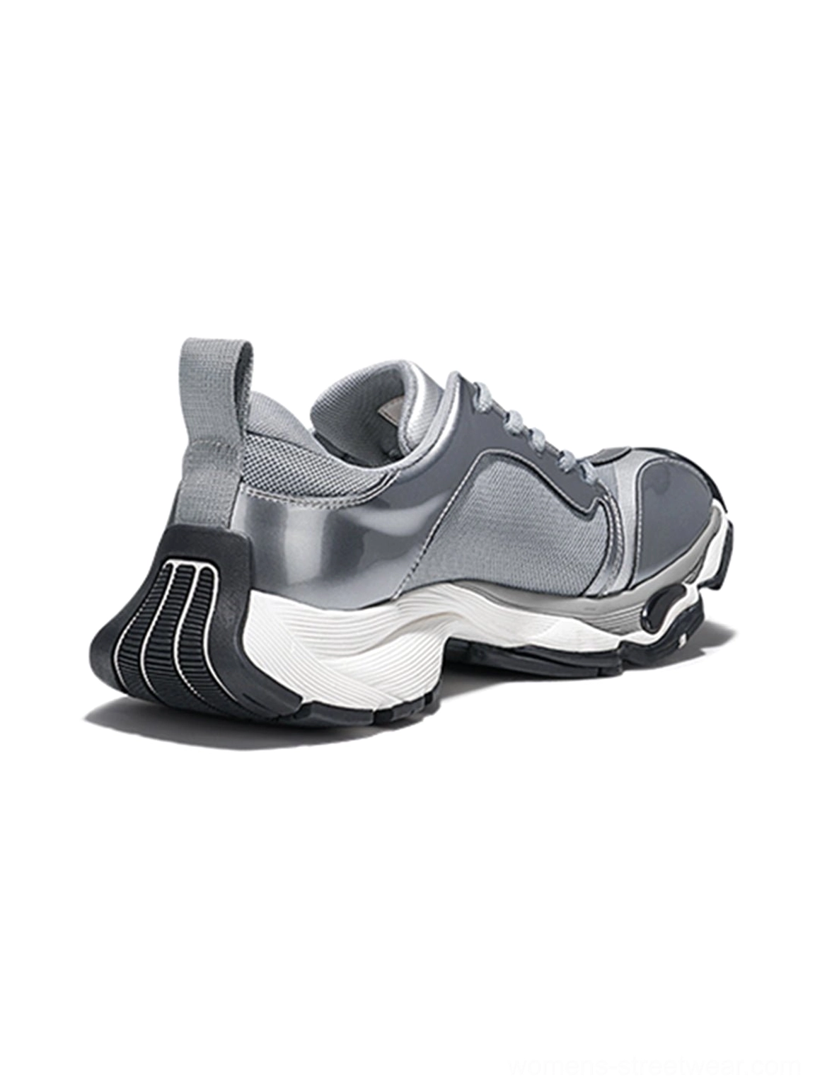 Metallic split-toe technical runner sneaker shown from the rear three-quarter view with textured rubber outsole, heel pull tab, and layered side panels