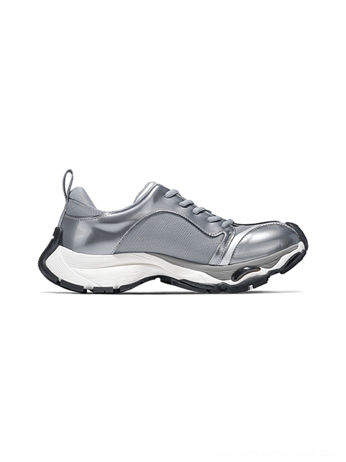 Metallic split-toe technical runner sneaker shown from the side with smooth panel construction, heel pull tab, and sculpted traction outsole