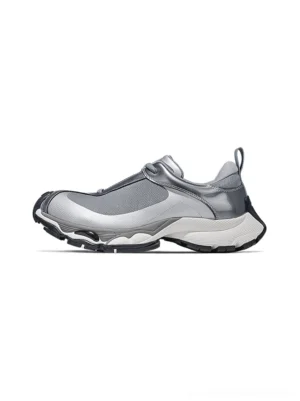 Metallic silver split-toe technical runner sneaker in a left front three-quarter view with layered mesh panels, synthetic overlays, and chunky black and white outsole