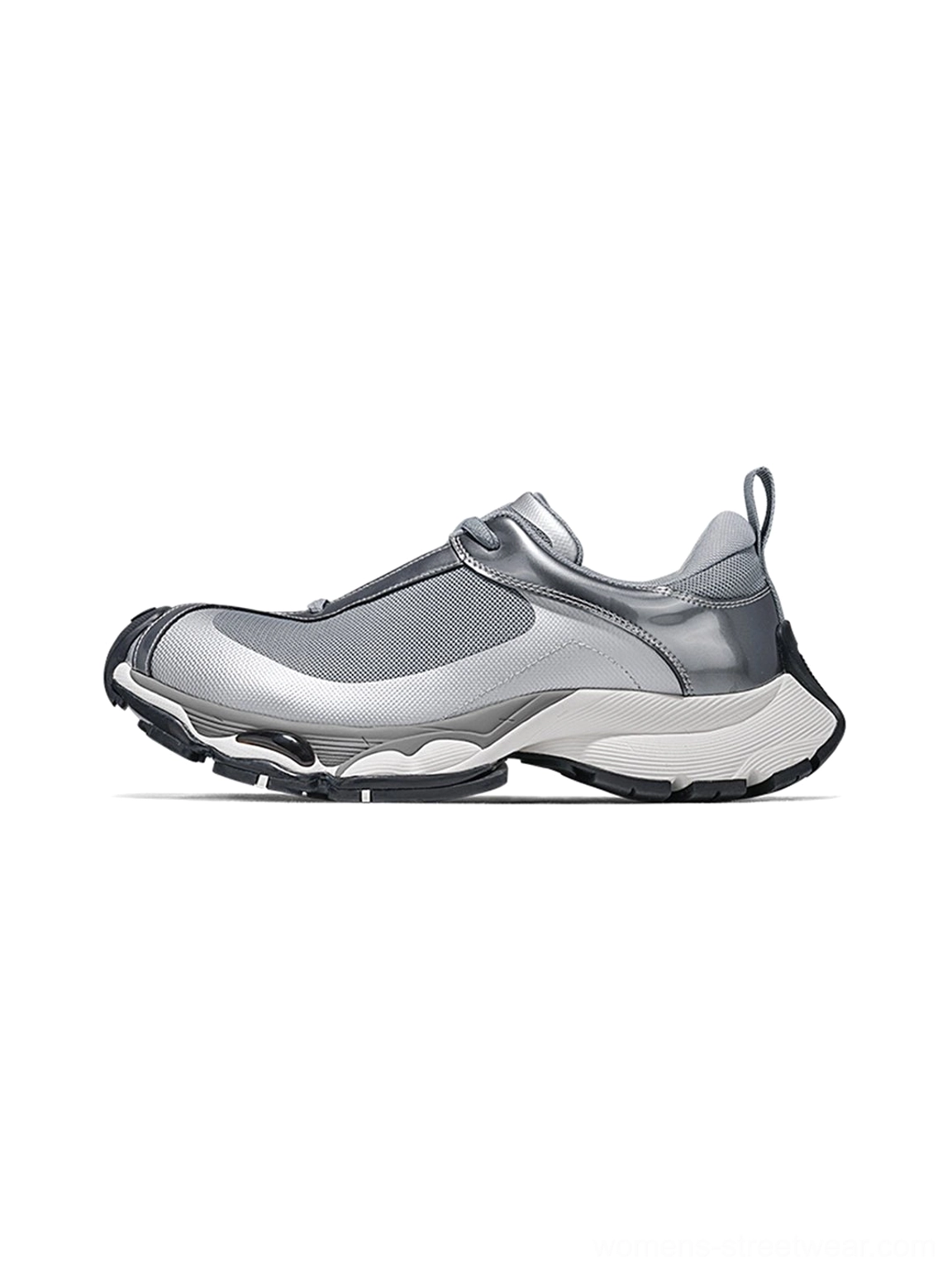 Metallic silver split-toe technical runner sneaker in a left front three-quarter view with layered mesh panels, synthetic overlays, and chunky black and white outsole