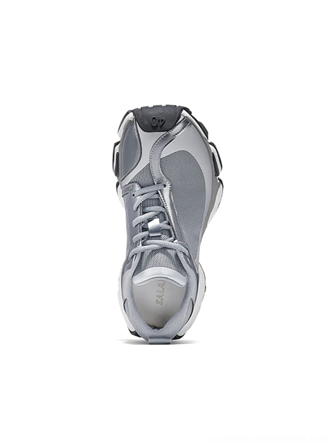 Single metallic split-toe technical runner sneaker shown from a top front view with visible laces, stitching, mesh panels, and divided toe cap
