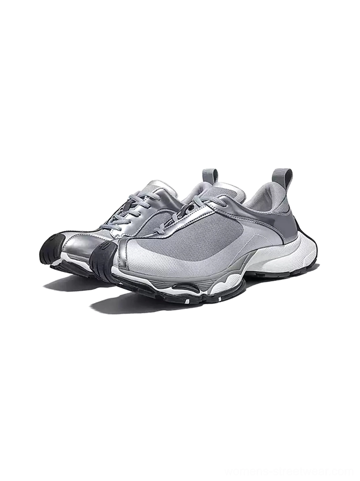 Pair of metallic silver split-toe technical runner sneakers with layered mesh and synthetic panels displayed against a clean white background
