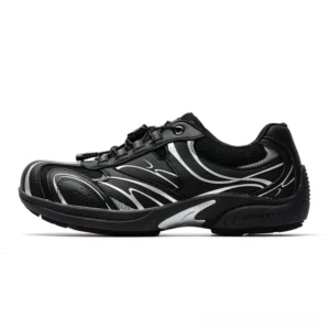 Black silver and white streamline trail sneakers with flame inspired side overlays and quick pull drawstring laces