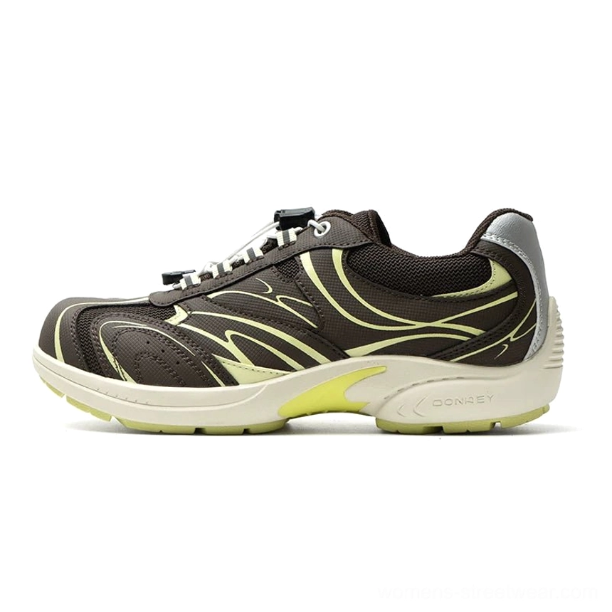 Dark brown and bright yellow streamline trail sneakers with flame line overlays and contrast rubber outsole
