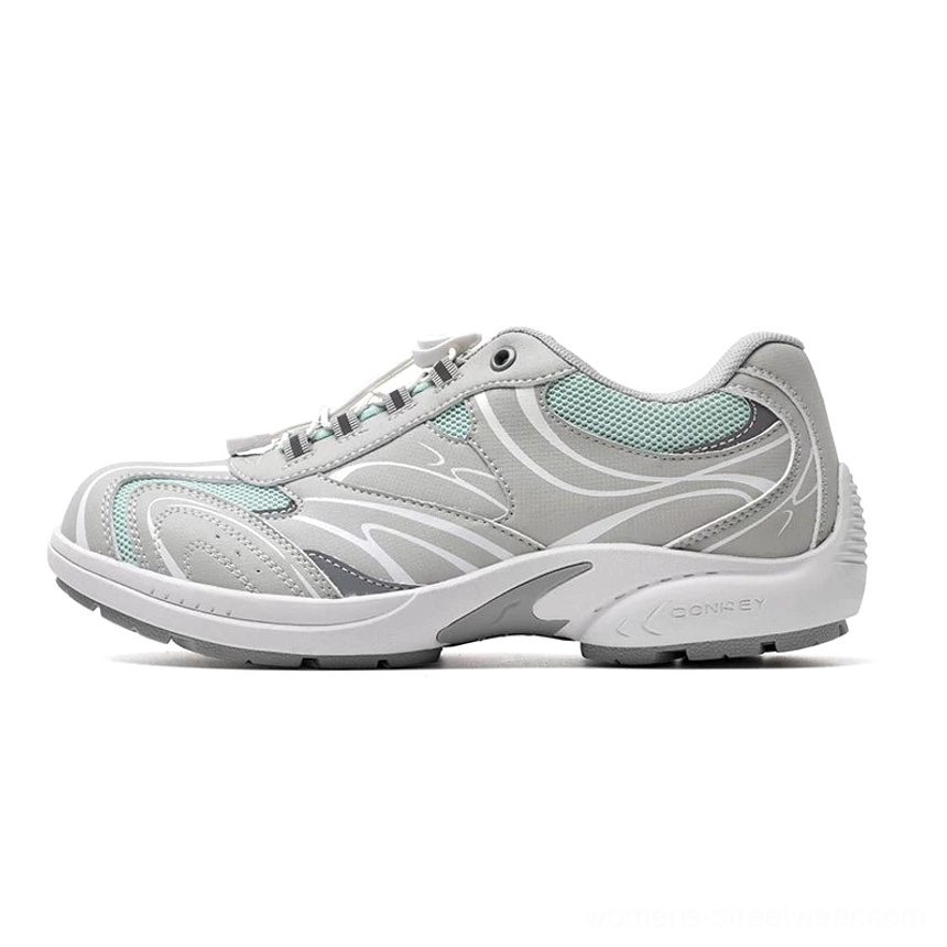 Light gray and mint blue metallic streamline trail sneakers with gradient side details mesh and layered upper
