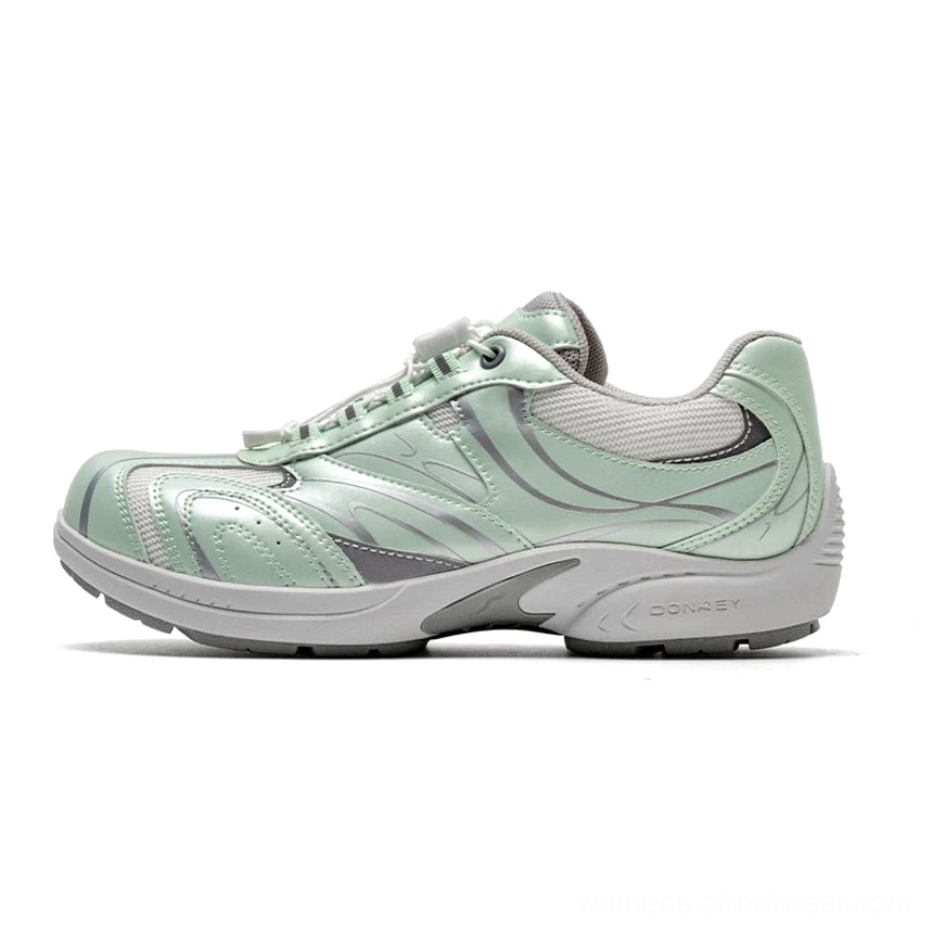 Mint green and light gray streamline trail sneakers with matte overlays breathable panels and no tie pull laces