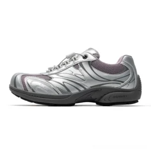 Silver gray and dark purple metallic streamline trail sneakers with layered mesh upper shown in left side studio view