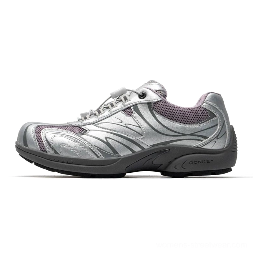 Silver gray and dark purple metallic streamline trail sneakers with layered mesh upper shown in left side studio view